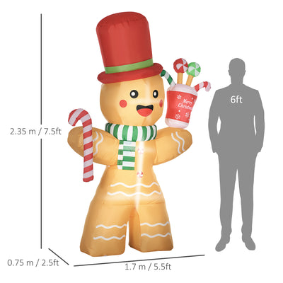 HOMCOM 7.5ft Christmas Inflatable Gingerbread Man with Candy Cane and LED Lights, Blow-Up Outdoor LED Garden Display for Lawn, Party 