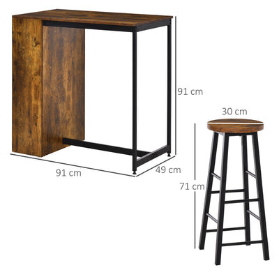 HOMCOM Industrial Bar Table Set for 2, 3 Pieces Pub Table and Bar Stools with Storage Shelf for Kitchen 