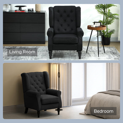 HOMCOM Retro Accent Chair, Linen Wingback Armchair with Wood Frame Button Tufted Design for Living Room Bedroom, Black 