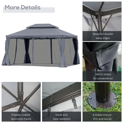Outsunny 3 x 4m Aluminium Garden\'c2\'a0Gazebo, Marquee Canopy Shelter Pavilion Party Tent with Nets and Curtains for Garden and Deck, Dark Grey