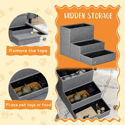 PawHut 3 Steps Pet Stairs, with Storage Boxes, for Bed, Couches - Grey 