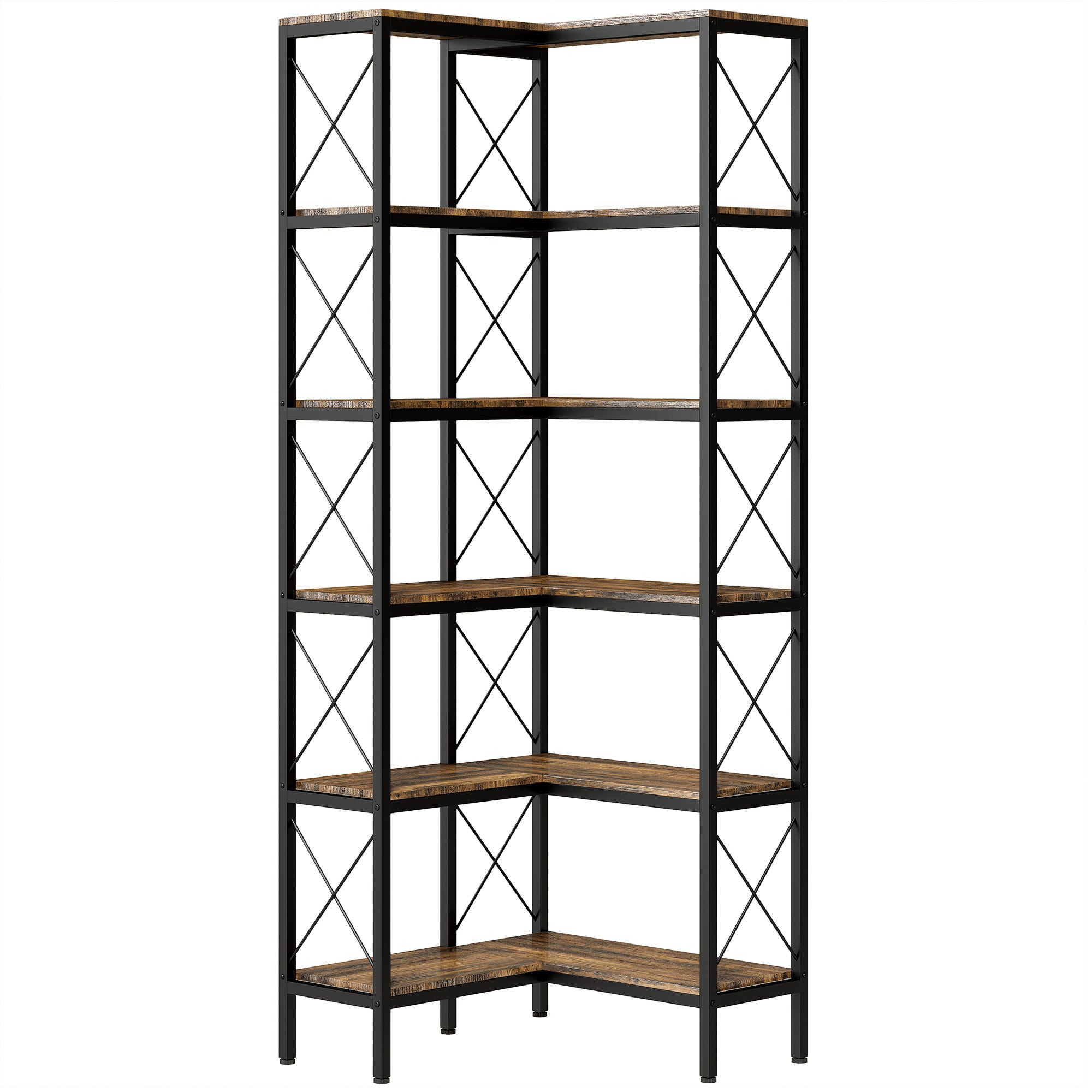 HOMCOM 5-Tier L-Shaped Bookshelf, Freestanding Corner Bookcase with Metal Frame, Rustic Brown