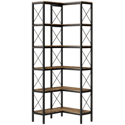 HOMCOM 5-Tier L-Shaped Bookshelf, Freestanding Corner Bookcase with Metal Frame, Rustic Brown