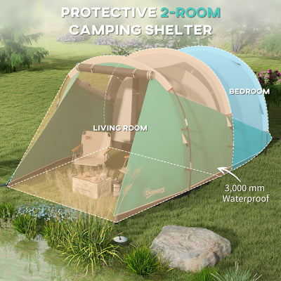 Outsunny Three-Man, 3000mm Water-Resistant Two-Room Tunnel Tent - Green 