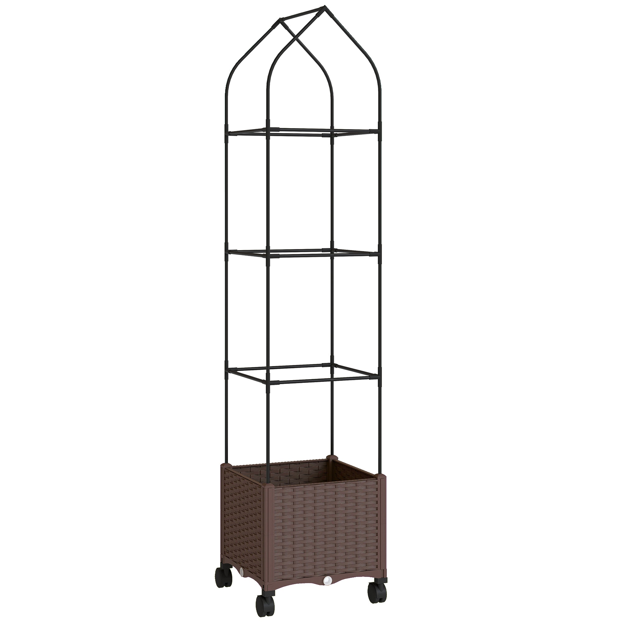 Outsunny Raised Garden Bed with Trellis, Tomato Cage with Lockable Wheels, Self Watering Planter Box with Drainage Holes, Brown 