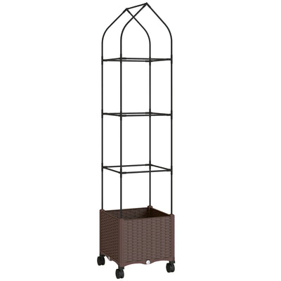 Outsunny Raised Garden Bed with Trellis, Tomato Cage with Lockable Wheels, Self Watering Planter Box with Drainage Holes, Brown 
