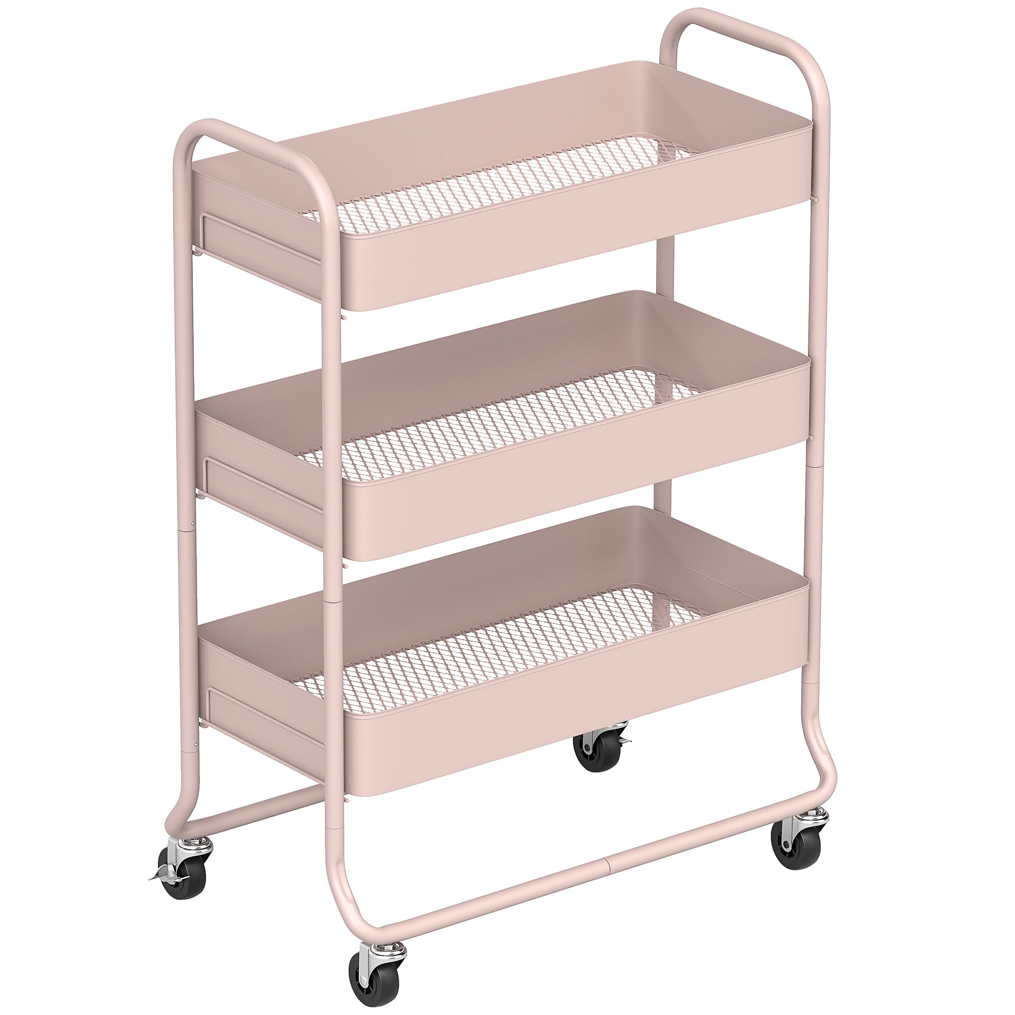HOMCOM 3-Tier Storage Trolley on Wheels, Rolling Utility Cart with Mesh Backets for Kitchen, Bathroom, Bedroom, Light Pink 
