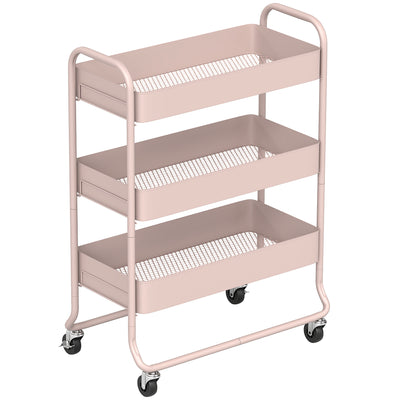HOMCOM 3-Tier Storage Trolley on Wheels, Rolling Utility Cart with Mesh Backets for Kitchen, Bathroom, Bedroom, Light Pink 