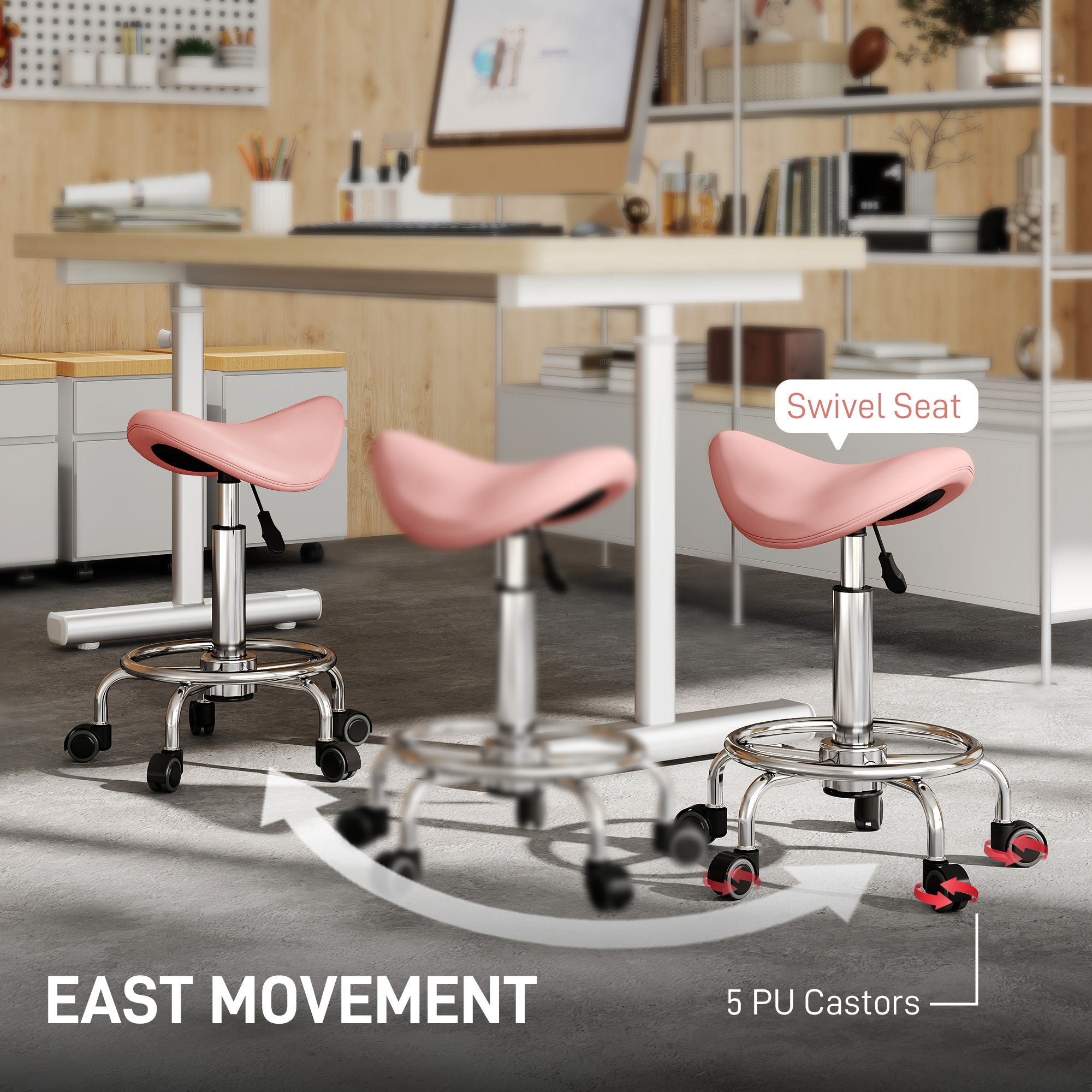 HOMCOM Salon Saddle Stool, Rolling Saddle Chair for Massage, Spa, Clinic, Beauty, Hairdressing and Tattoo, Pink 