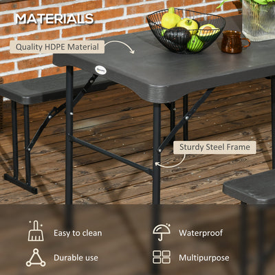Outsunny Folding Picnic Table with 2 Benches, 3-Piece Portable Garden Furniture Set for 4, Dining Table Set with Plastic Top, Steel Frame, Dark Grey 