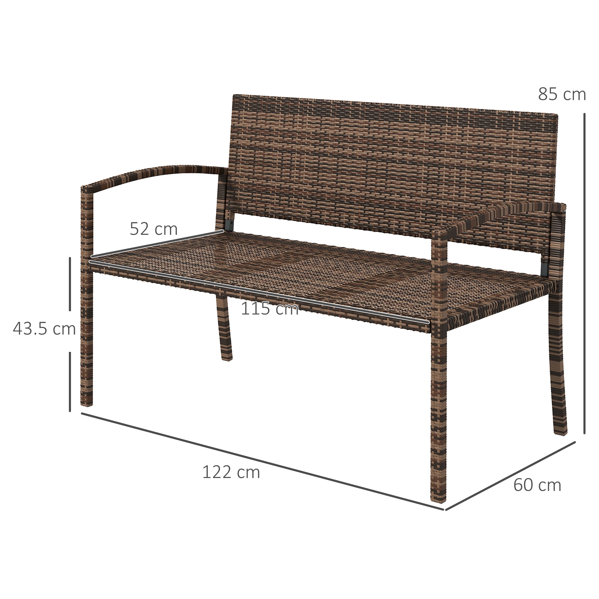 Outsunny All Weather Wicker Garden Loveseat, 2 Seater Poly Rattan Garden Bench, Outdoor Seating Bench Brown 