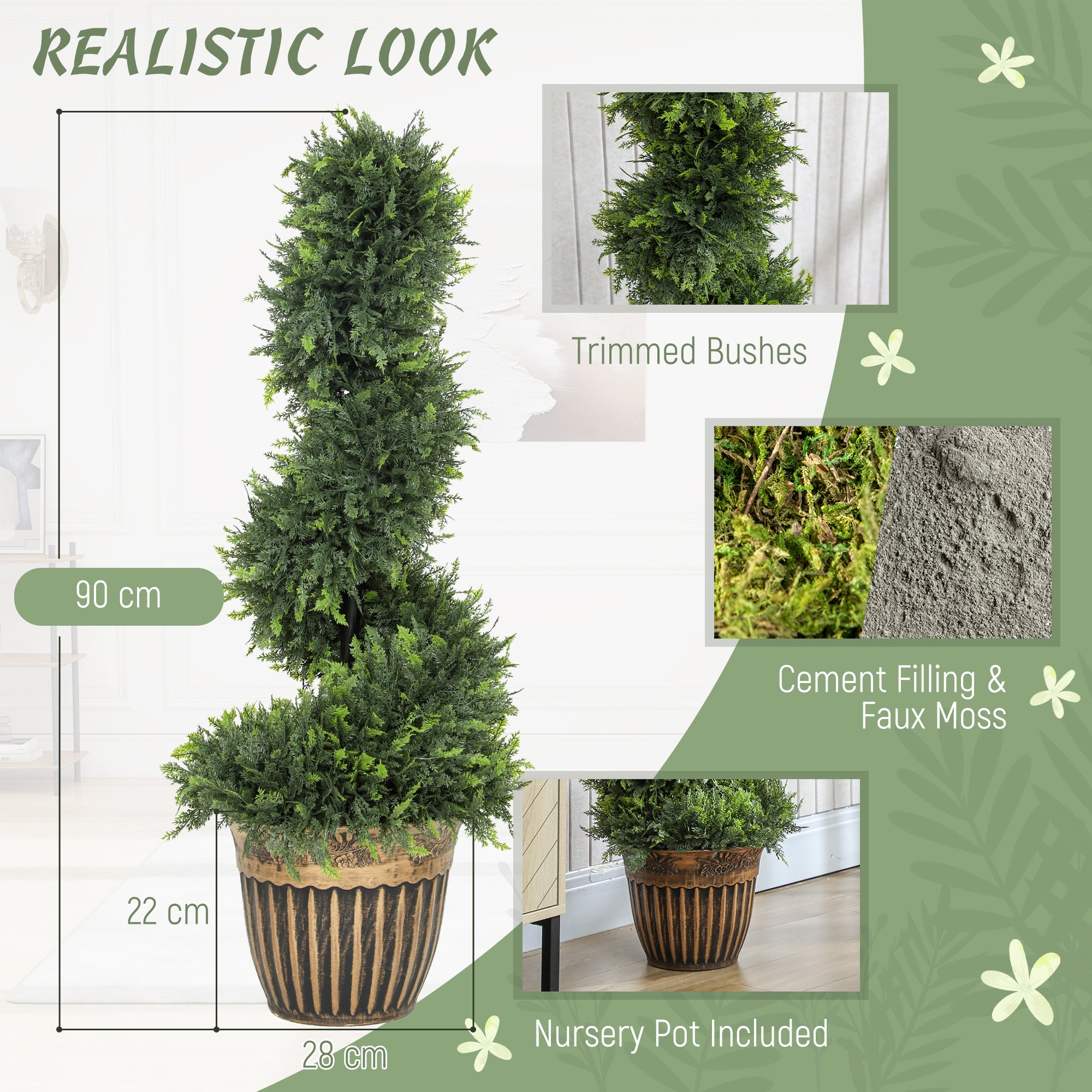 HOMCOM Set of 2 Artificial Plants, Topiary Spiral Boxwood Cypress Trees with Pot, for Home Indoor Outdoor Decor, 90cm 