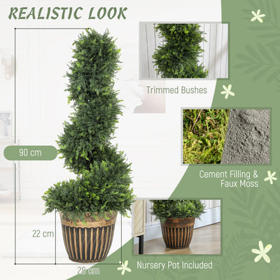 HOMCOM Set of 2 Artificial Plants, Topiary Spiral Boxwood Cypress Trees with Pot, for Home Indoor Outdoor Decor, 90cm 