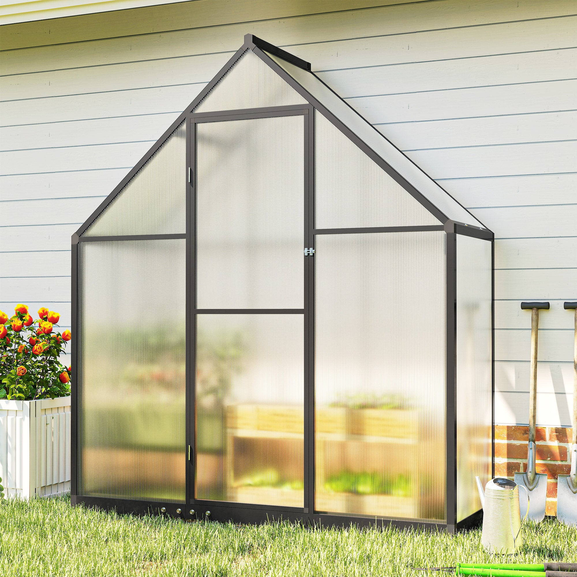 Outsunny Polycarbonate Greenhouse with Swing Door and Adjustable Window, Walk-in Greenhouse, 5.5 x 2ft, Black 
