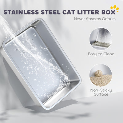 PawHut XXL Stainless Steel Cat Litter Box with High Sides, Metal Scoop, 70 x 50 x 30 cm 