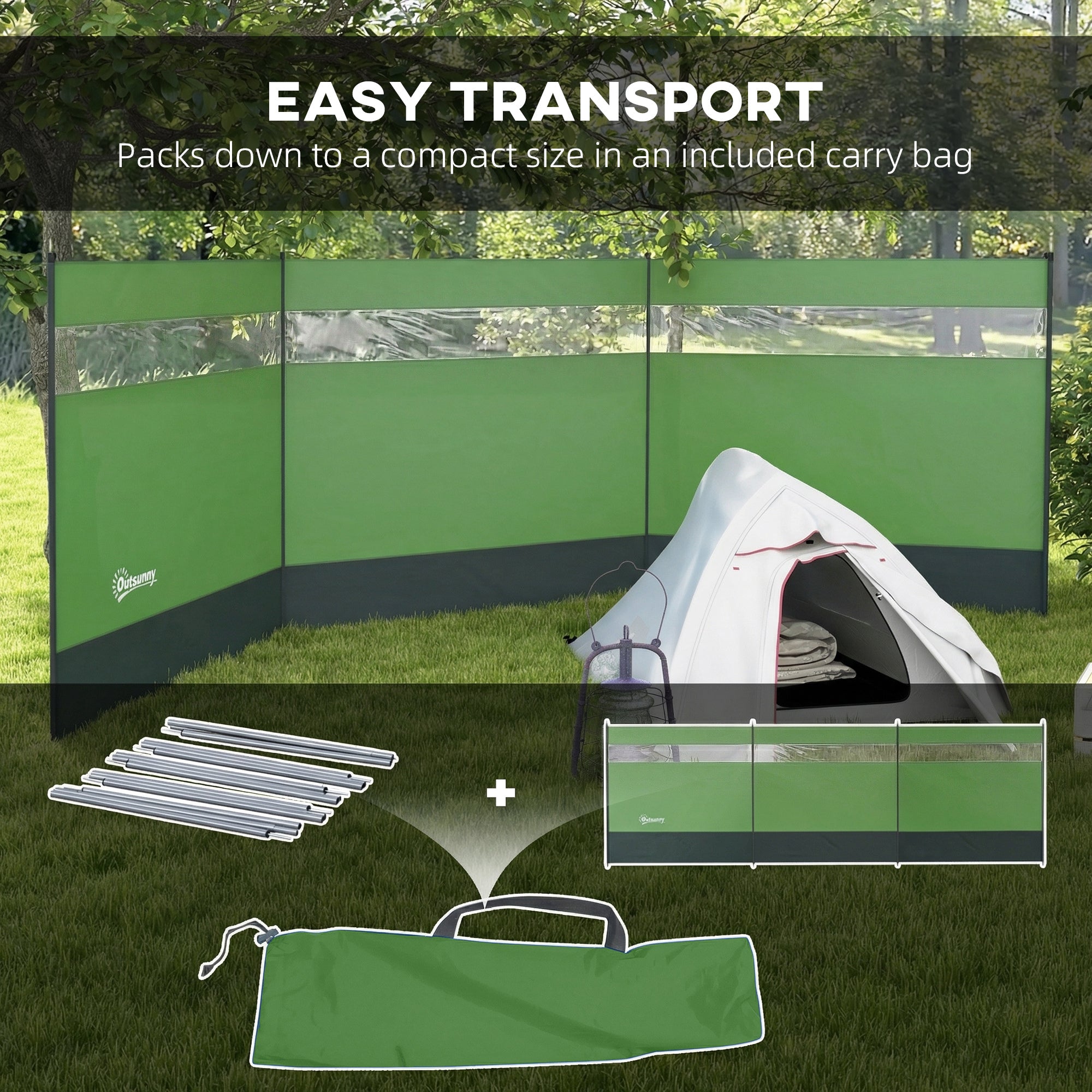 Outsunny Camping Windbreaker with Clear Windows, Carry Bag and Steel Poles, for Beach Caravan Campervan, 440 x 140cm, Army Green 