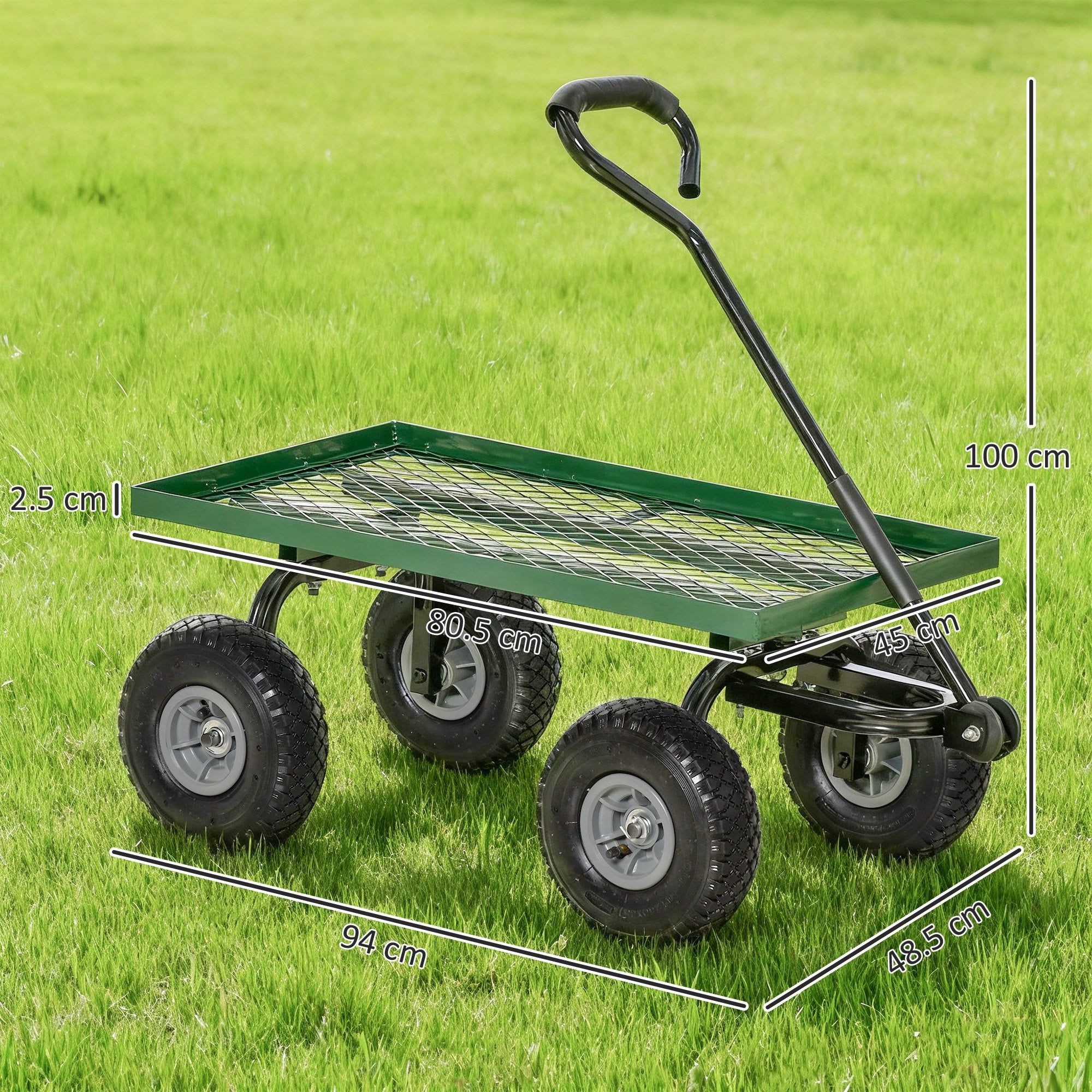 Outsunny Garden Trolley Cart, Heavy Duty Garden Cart with Metal Frame, 10" Pneumatic Wheels, Rotating Handle, 150kg Capacity, for Garden, Farm, Green 