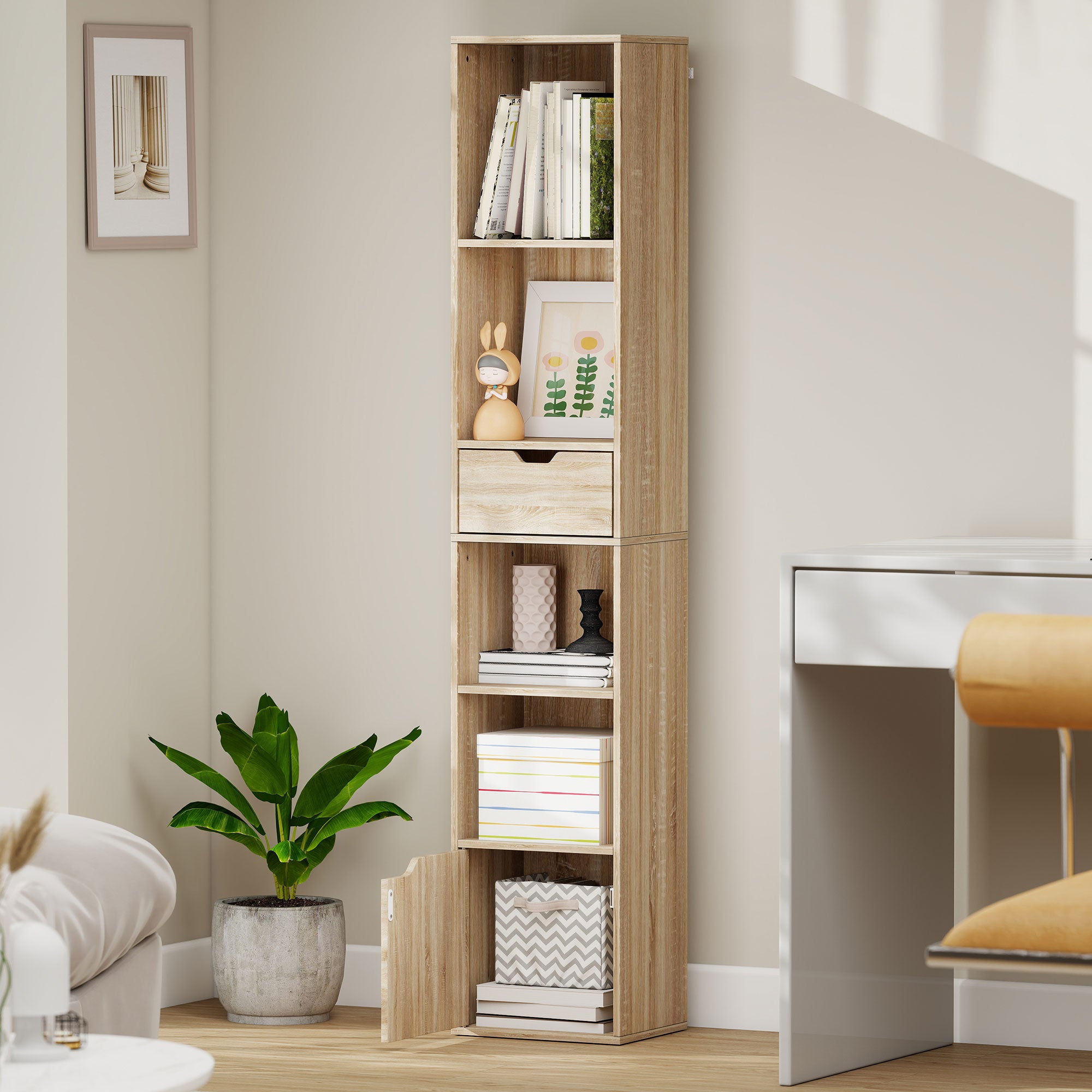 HOMCOM 6-Tier Bookcase, Tall Narrow Bookshelf with Drawer and Door - Natural Wood Finish 