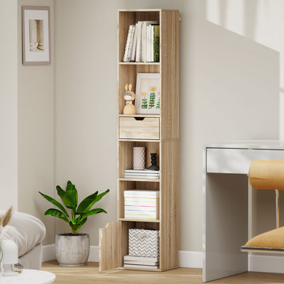 HOMCOM 6-Tier Bookcase, Tall Narrow Bookshelf with Drawer and Door - Natural Wood Finish 