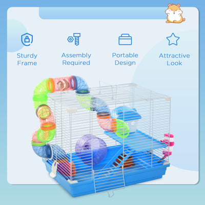 Pawhut 2 Tier Hamster Cage, Gerbil Cage with Handle, Exercise Wheels, Tunnel, Tube, Water Bottle, Dishes, Ladder, for Dwarf, Blue 