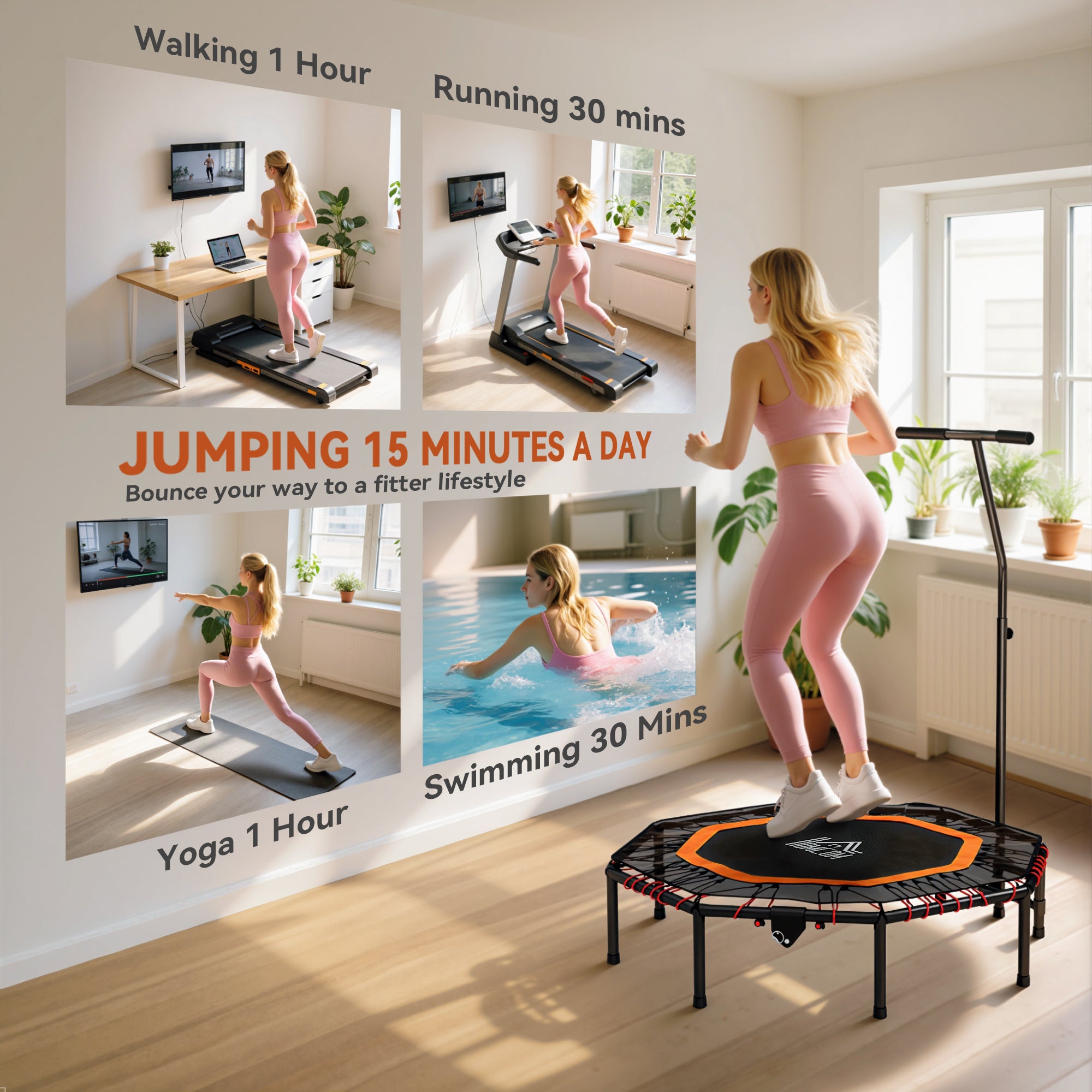 HOMCOM Fitness Trampoline, Bouncer with Adjustable Handle, Max Load 150 kg 