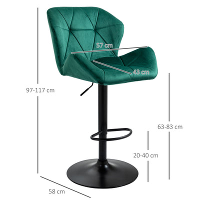 HOMCOM Bar Stools Set Of 2, Luxurious Velvet-Touch Barstools with Metal Frame Footrest Round Base Triangle Indenting Moulded Seat Adjustable Height Swivel Green 