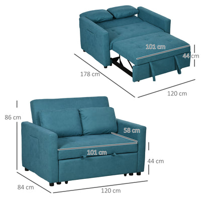 HOMCOM Loveseat Sofa Bed, Convertible Bed Settee with 2 Cushions, Side Pockets for Living Room, Blue 