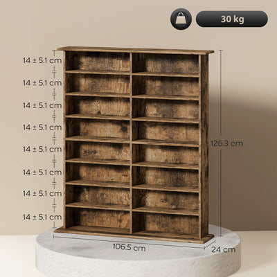 HOMCOM 16-Compartment Media Shelf - Rustic Brown 