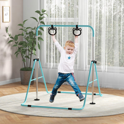 HOMCOM Adjustable Height, Foldable Kids Gymnastics Bar w/ Non-slip Rubber Floor Rings, for 3+ Years, Green 