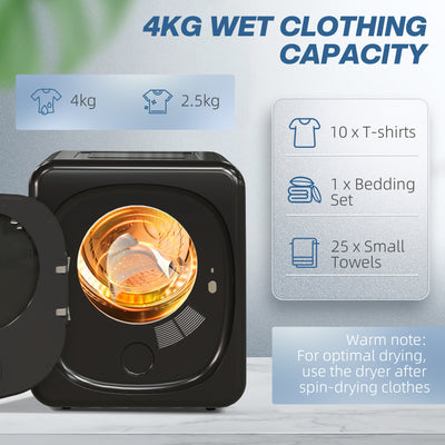 HOMCOM 4kg Vented Tumble Dryer with Deodorize, Smart Mode, 800W Compact Tumble Dryer with Stainless Steel Tub, Front Load, for Flat, Home, RVs, Black 