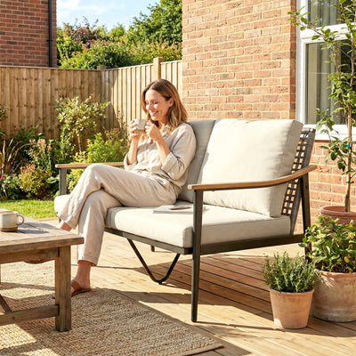 Outsunny 2 Seater Rattan Sofa, Outdoor Garden Sofa with Wood-Effect Armrests, Cushions for Patio, Balcony, Khaki 