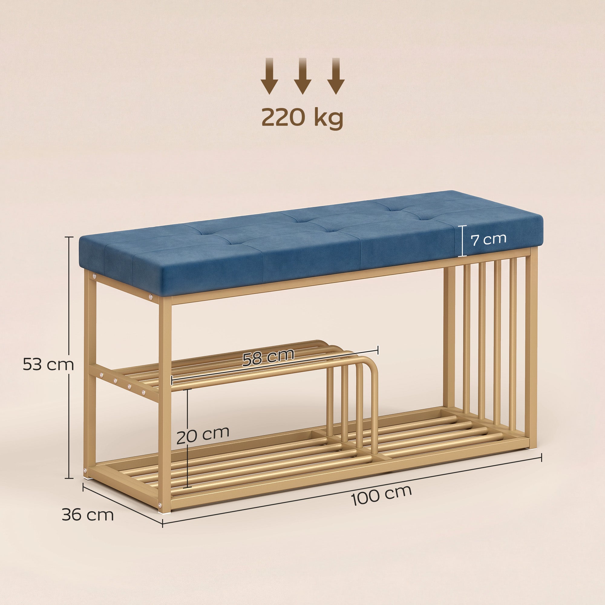 HOMCOM Bench and Shoe Storage, Tufted Shoe Storage Bench with Velvet Seat Cushion Gold Steel Frame for Entryway, Dark Blue 