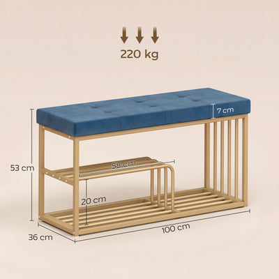 HOMCOM Bench and Shoe Storage, Tufted Shoe Storage Bench with Velvet Seat Cushion Gold Steel Frame for Entryway, Dark Blue 
