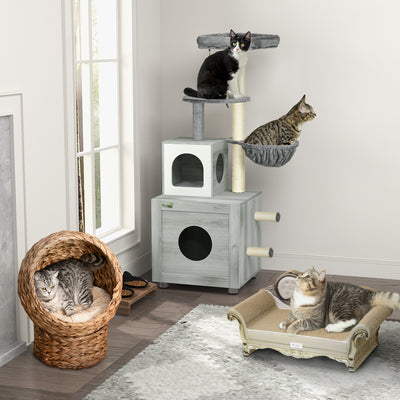 PawHut Enclosed Cat Litter Box with Cat House, Cat Bed, Scratching Posts, Platforms, for Indoor Cats - Grey 