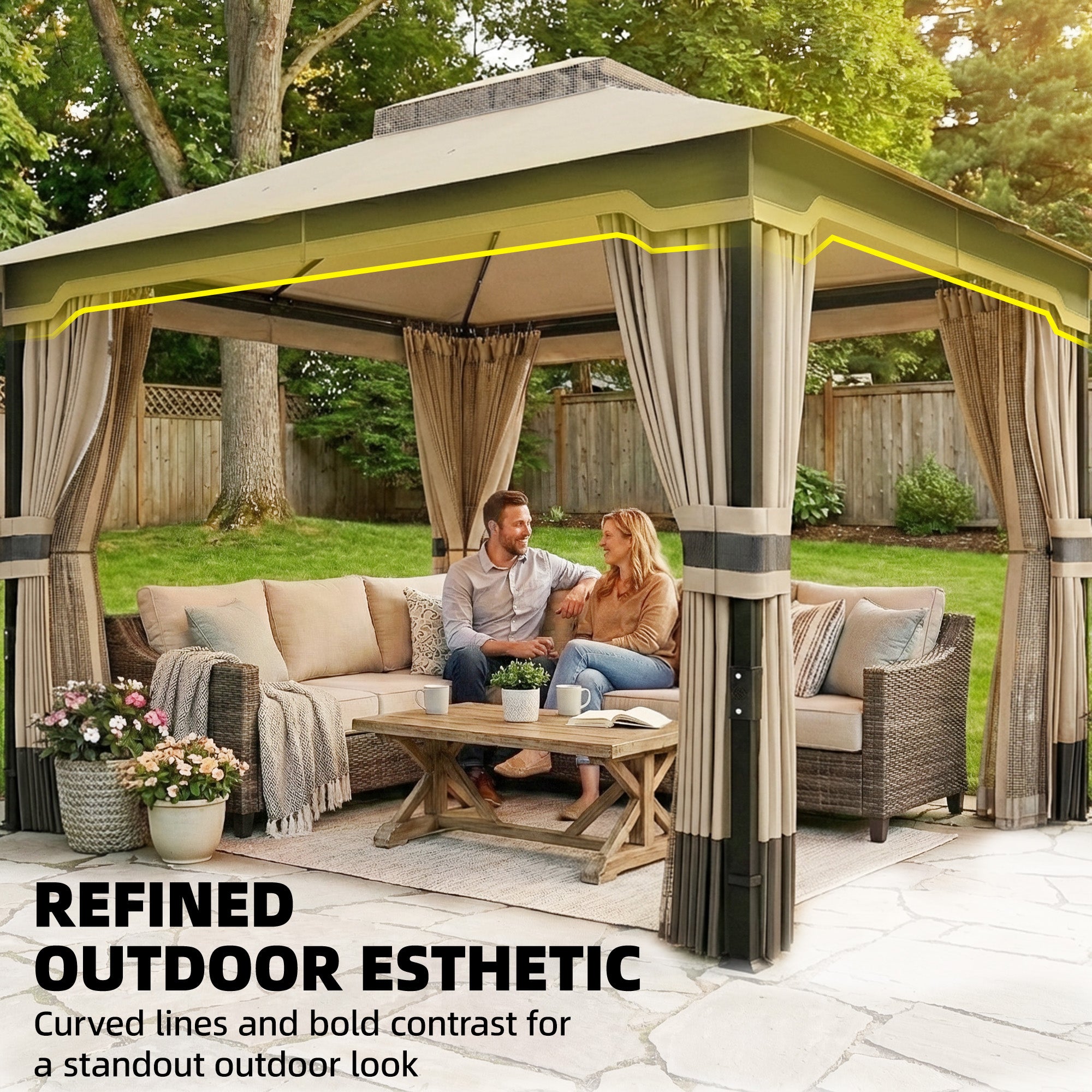Outsunny 3 x 3.6 m Outdoor Garden Gazebo with Netting and Curtains, Double Roof Patio Gazebo Permanent Pavilion, Khaki 