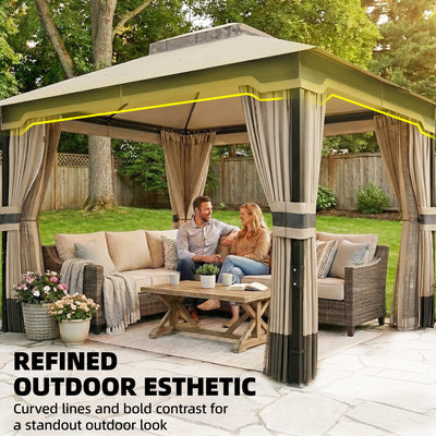 Outsunny 3 x 3.6 m Outdoor Garden Gazebo with Netting and Curtains, Double Roof Patio Gazebo Permanent Pavilion, Khaki 