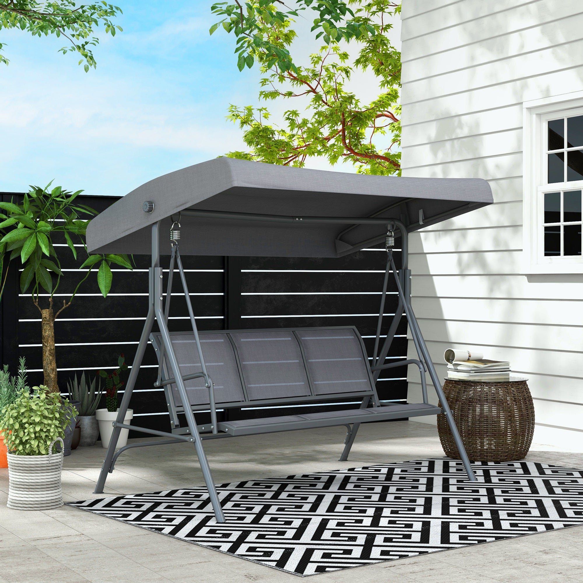 Outsunny 3 Seater Swing Chair, Garden Swing Bench with Canopy, Breathable Mesh Seat and Heavy Duty Steel Frame for Patio, Yard, Grey 
