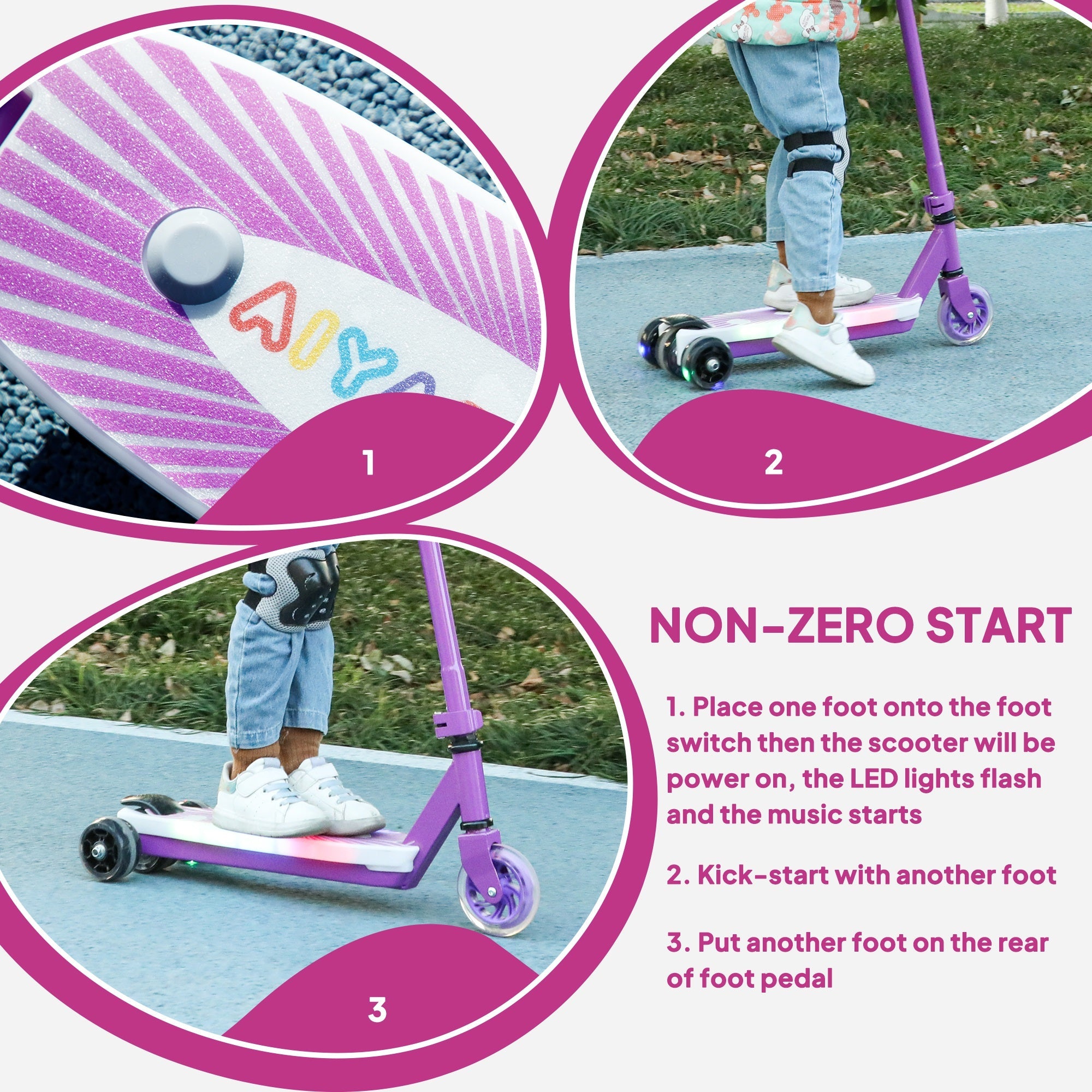 AIYAPLAY Electric Scooter for Kids Ages 4-7, with Auxiliary Rear Wheels, Flashing LED Light and Electric Brake, Kids Electric Scooter for Boys Girls, 6 KM/H & 8 KM, Purple 