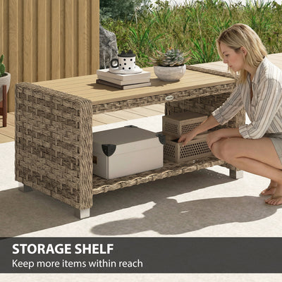 Outsunny Outdoor Coffee Table with Storage Shelf, PE Rattan Side Table with Slatted Top and Foot Pads, Light Brown 
