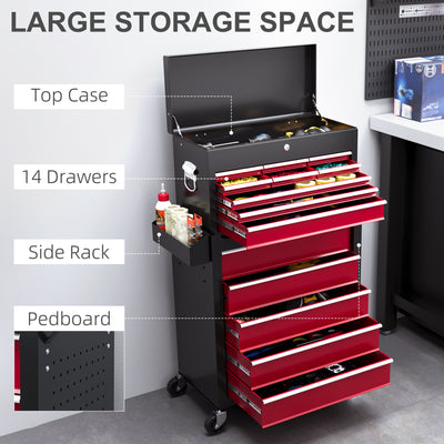 HOMCOM 19 Drawer, Two-Part Tool Storage Chest on Wheels - Red 