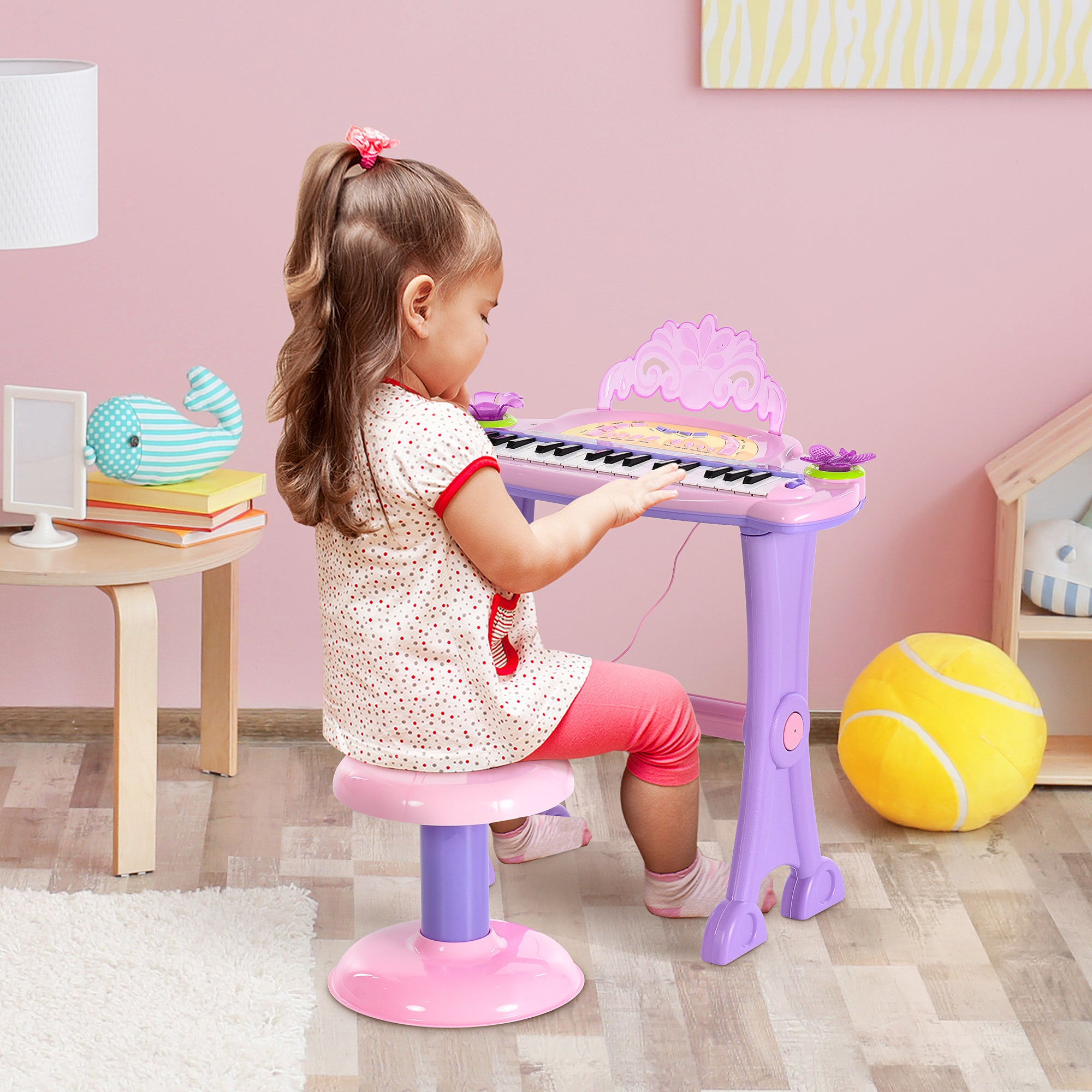 HOMCOM 32 Keys Kids Mini Electronic Keyboard Musical Instrument Educational Game Toy Children Grand Piano Stool Micropho 