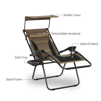 Outsunny Zero Gravity Lounger Chair, Folding Reclining Patio Chair with Shade Cover, Padded Seat, Cup Holder, Soft Cushion and Headrest for Poolside, Camping, Coffee 