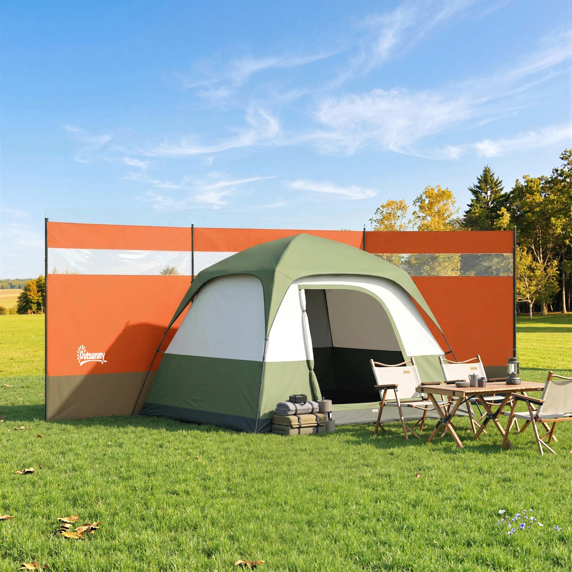 Outsunny Camping Windbreaker with Clear Windows, Carry Bag and Steel Poles, for Beach Caravan Campervan, 440 x 140cm, Orange 