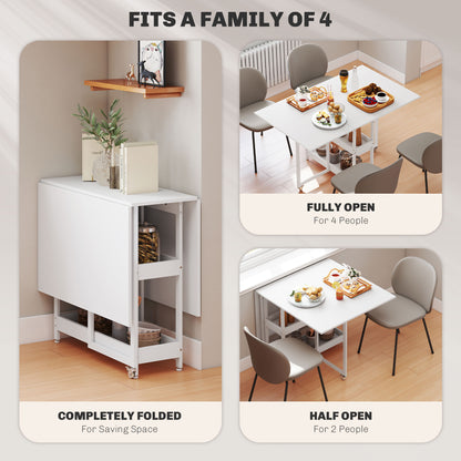 HOMCOM Industrial Folding Dining Table, Drop Leaf Table with Open Compartments for Small Spaces, Kitchen, Dining Room, White