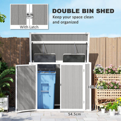 Outsunny 4.7 x 2.5FT Garden Shed, Double Bin Storage Shed with Lockable Doors, Outdoor Small Shed with Openable Lid for 2 Trash Cans, Garden Tools, Grey 