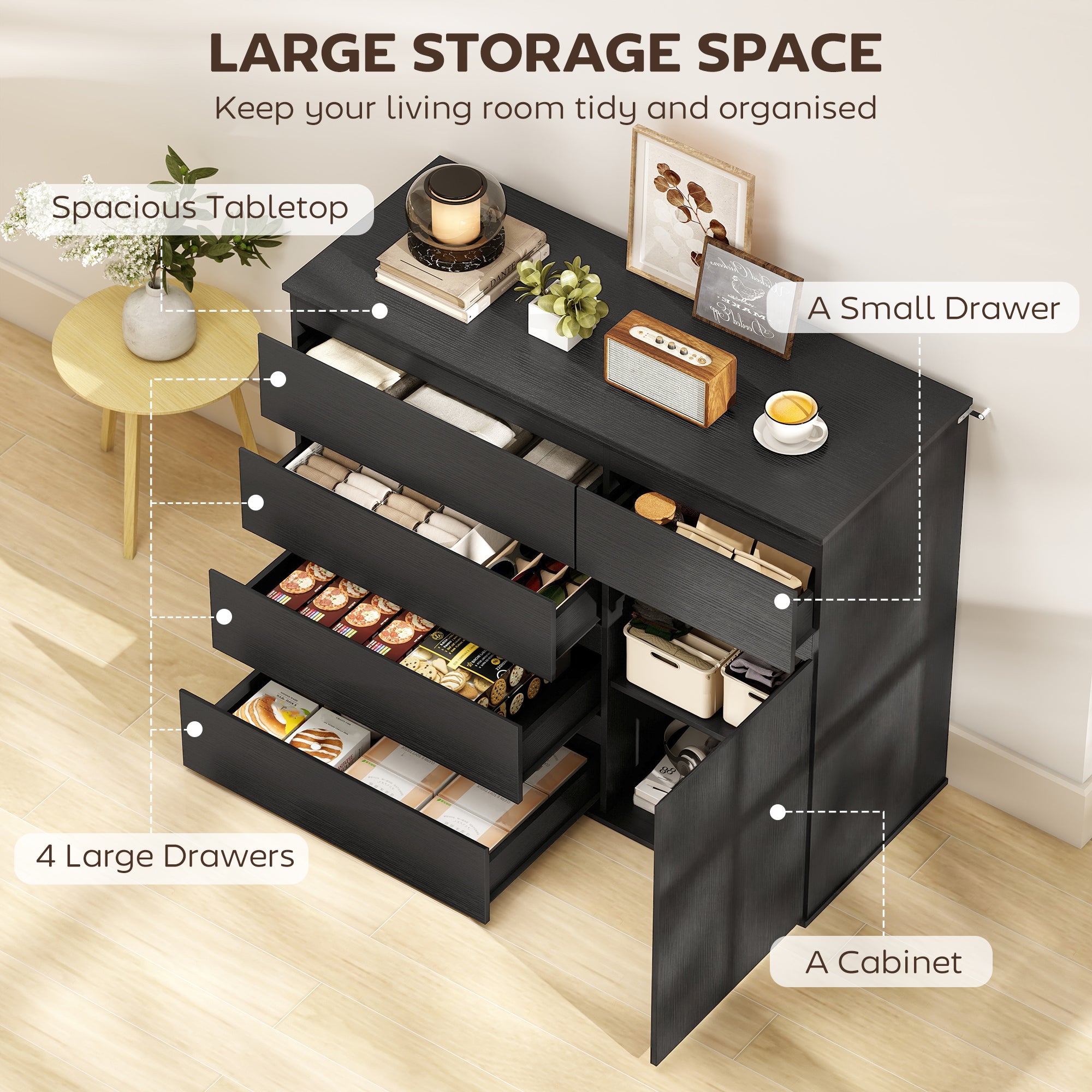HOMCOM Modern Chest Of Drawers, 5 Drawer Dresser with Adjustable Shelf, Soft-Close Door, Black 