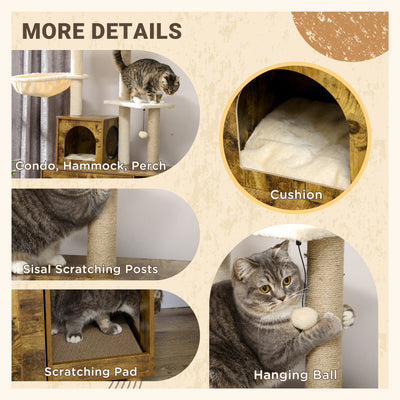 PawHut Cat Litter Box Enclosure, with Tree Tower, Cat House, Hammock, Cushion - Rustic Brown 