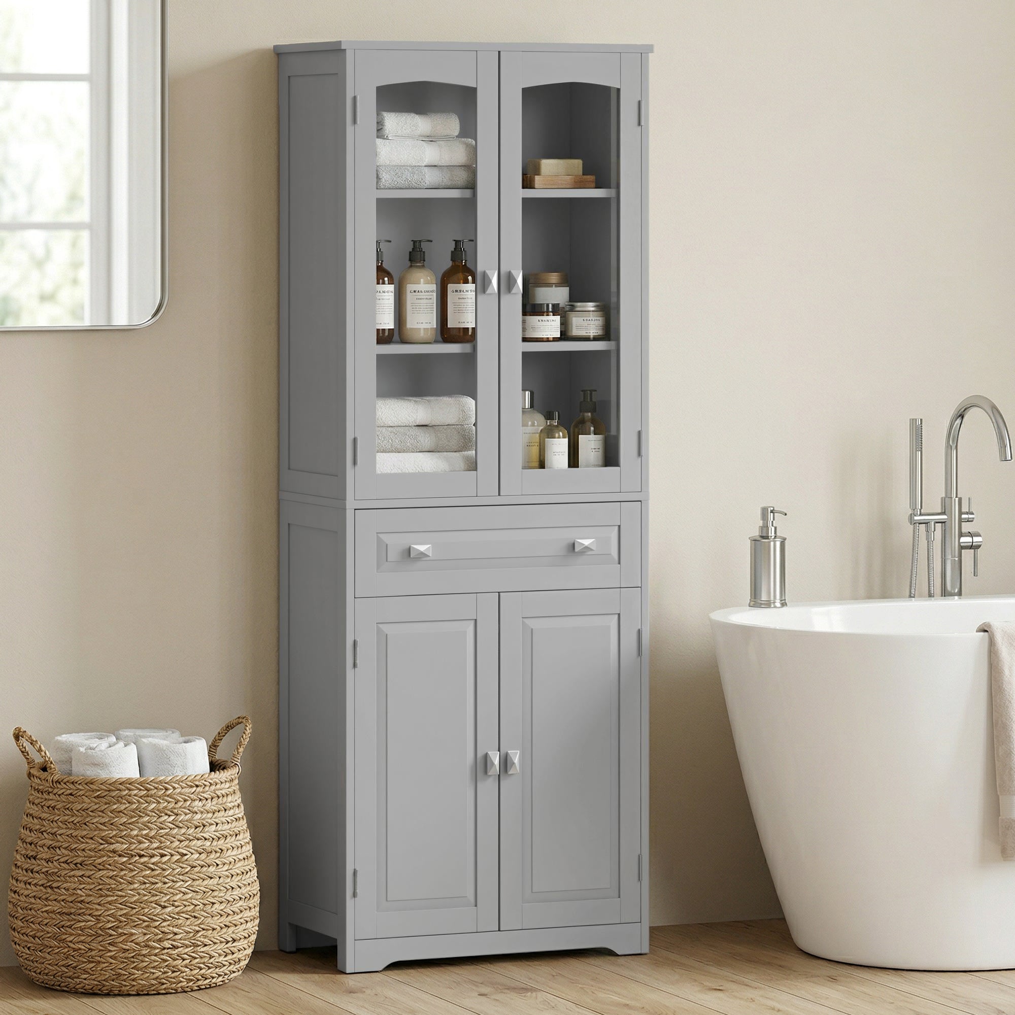 HOMCOM Freestanding Kitchen Cupboard, Storage Cabinet with 2 Adjustable Shelves, Drawer and Glass Door for Living Room, Grey 