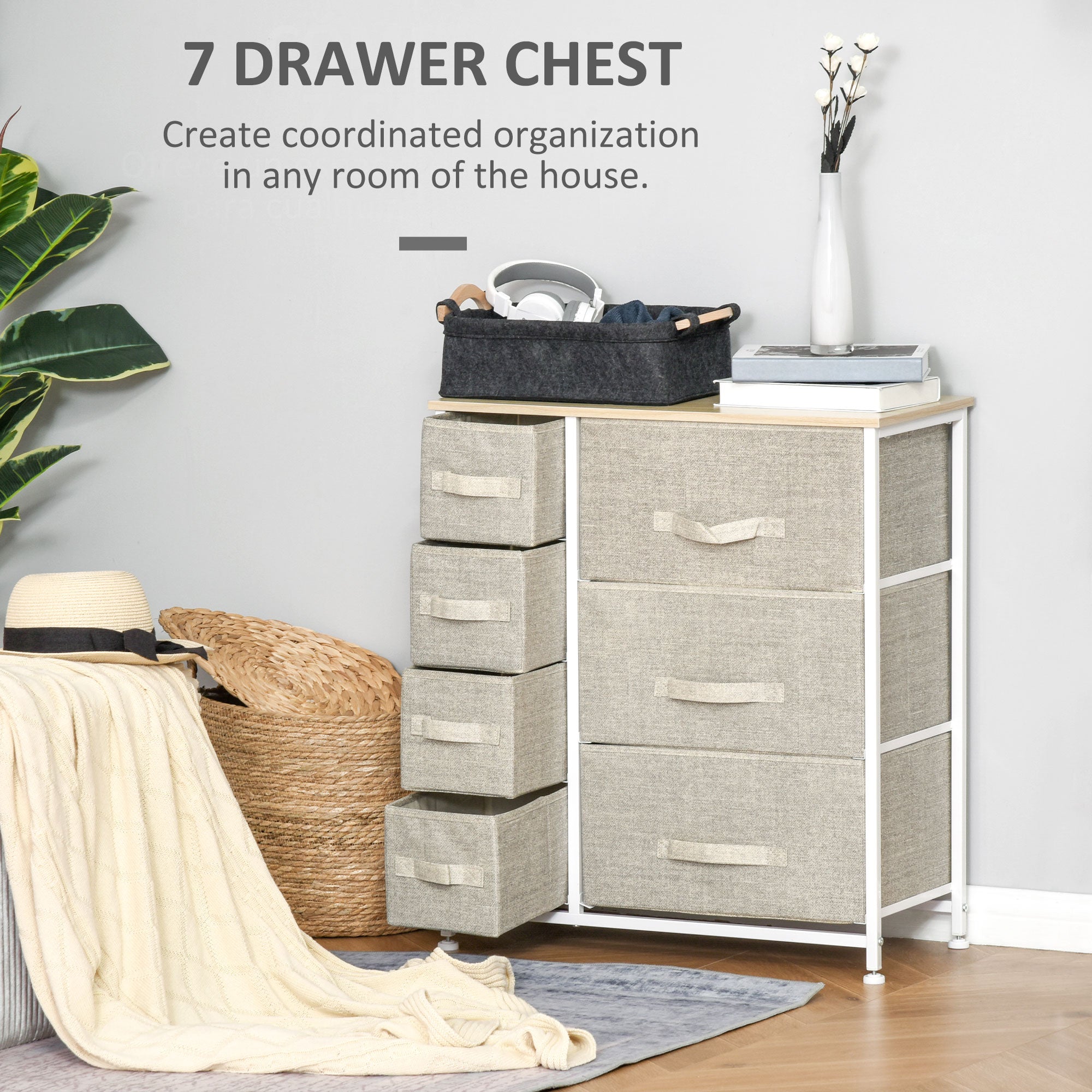 HOMCOM Chest of Drawers with 7 Drawers, Fabric Drawers with Large Storage Space, Drawers Dresser with Metal Frame, Adjustable Feet for Bedroom Living Room, Light Grey 
