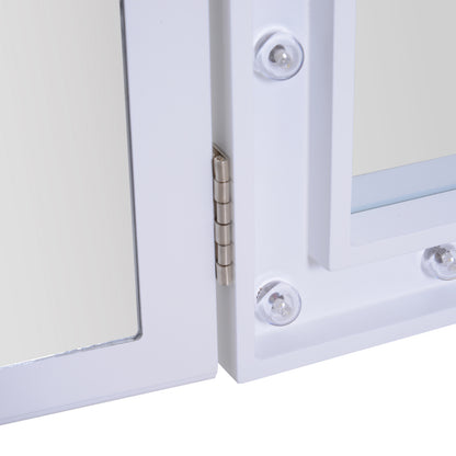 HOMCOM Trifold Freestanding Mirror, Lighted Tabletop Vanity Mirror Large Cosmetic w/16 LED Lights powered by batteries Foldable For Bedroom- White 